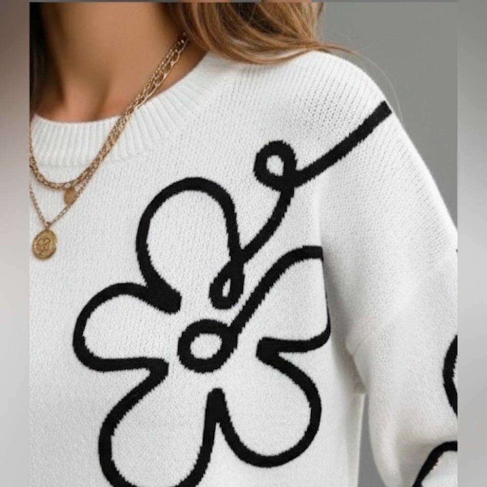 White/Black Floral Pattern Drop Shoulder Sweater - Picture 4 of 9